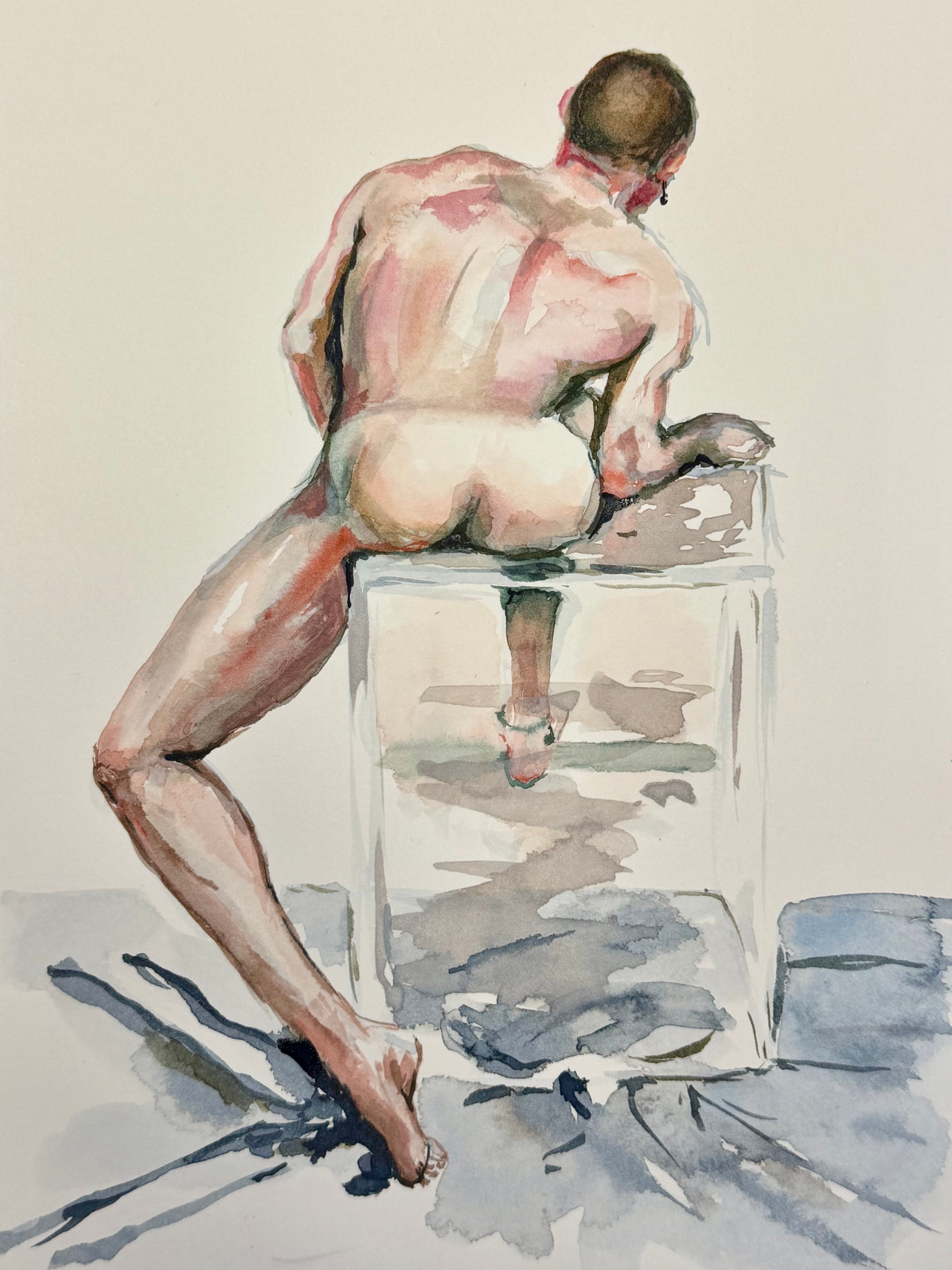 Desnudo masculino en acuarela, figura de espaldas sentada sobre un cubo transparente con reflejo, modelo Matthieu Guerrero Romeral, estudio de figura del natural pintado sin dibujo a lápiz previo
