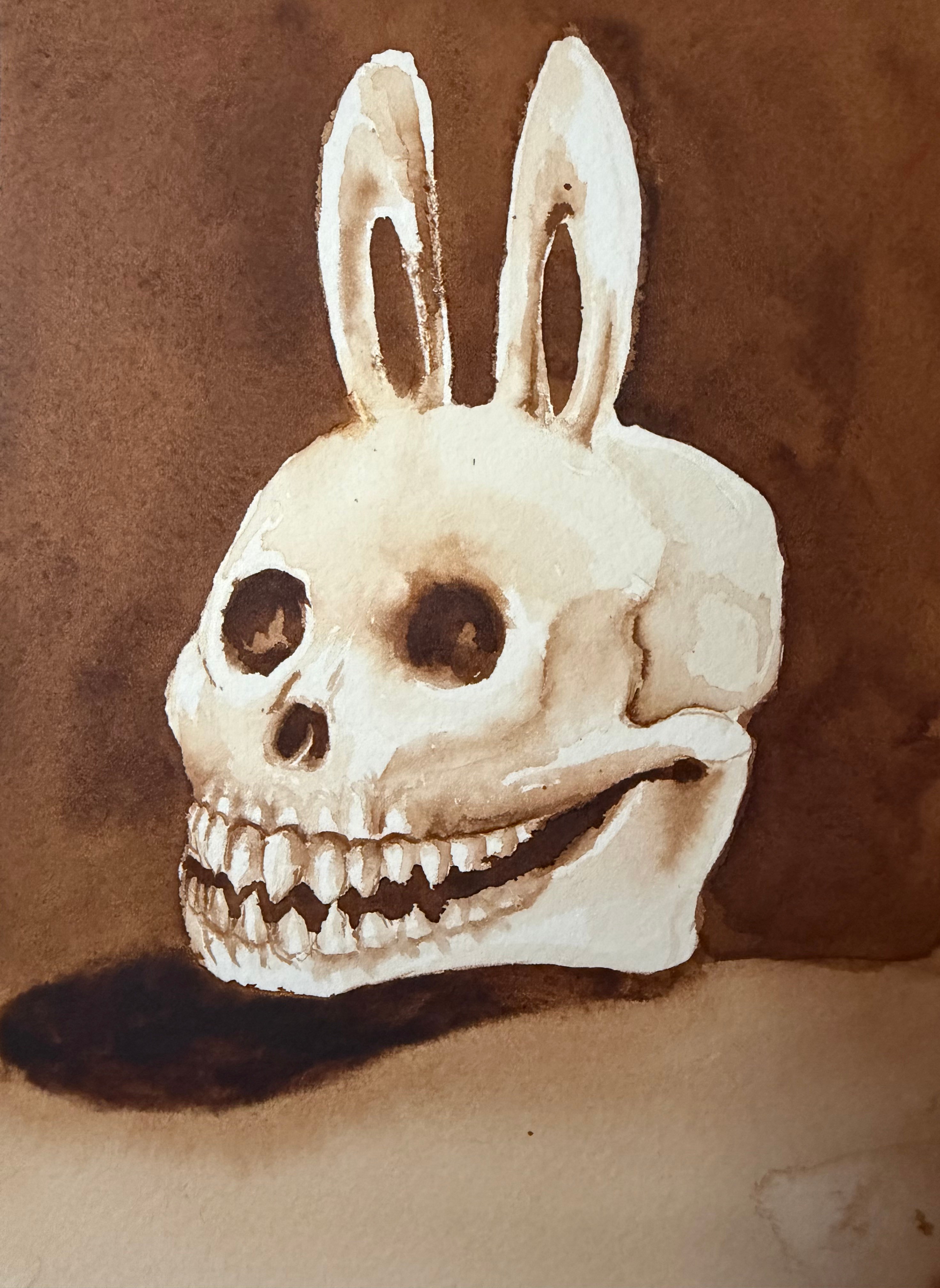 Ilustración en acuarela, vanitas con cráneo humano y orejas de conejo, memento mori sobre el fin de los juguetes de moda, inspirado en Labubu