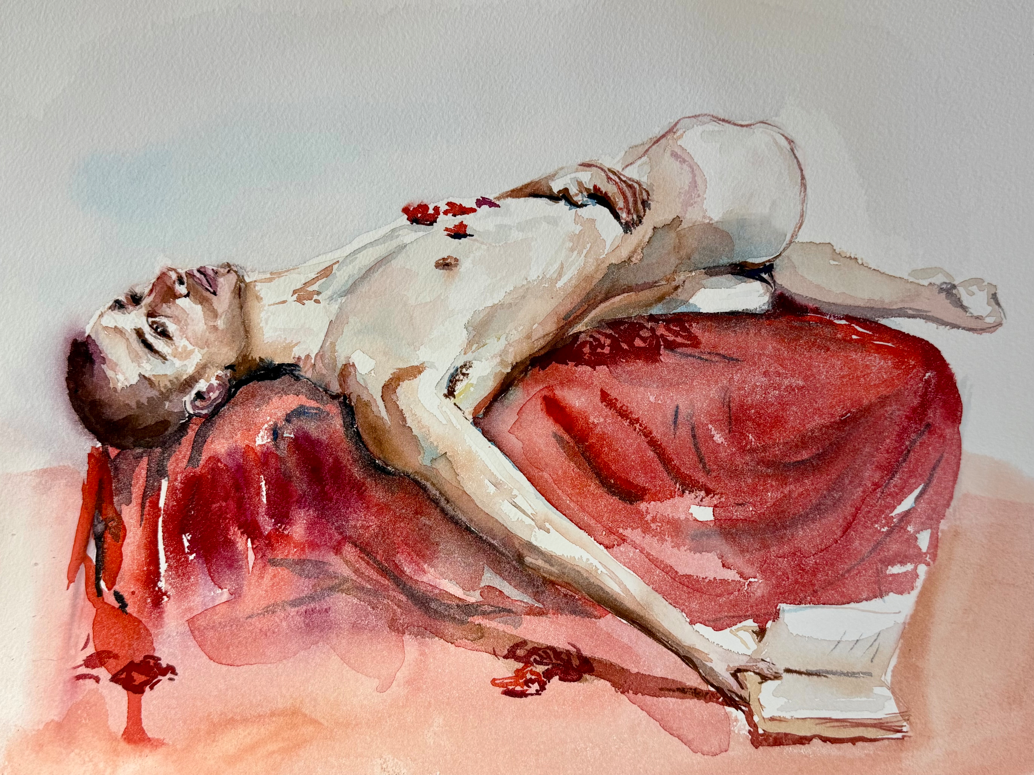 Acuarela figurativa sobre papel de grano grueso. La obra representa a Matthieu (@guerreromeral) recostado boca arriba sobre una tela de pliegues amplios en rojo carmín oscuro, con pequeñas flores rojas dispersas sobre el torso desnudo. El cuerpo aparece en ligero escorzo diagonal, con la cabeza inclinada hacia atrás a la izquierda y el cuello expuesto; las piernas se extienden hacia la derecha fuera del encuadre. La piel se resuelve en una gama de blancos cálidos, marfil y sienas con sombras en marrón tostado y gris azulado. El fondo es un lavado liso en gris perla que contrasta con la intensidad cromática de la tela. La pincelada es suelta y directa, con reservas de blanco del papel en zonas de máxima luz. Sin boceto previo.