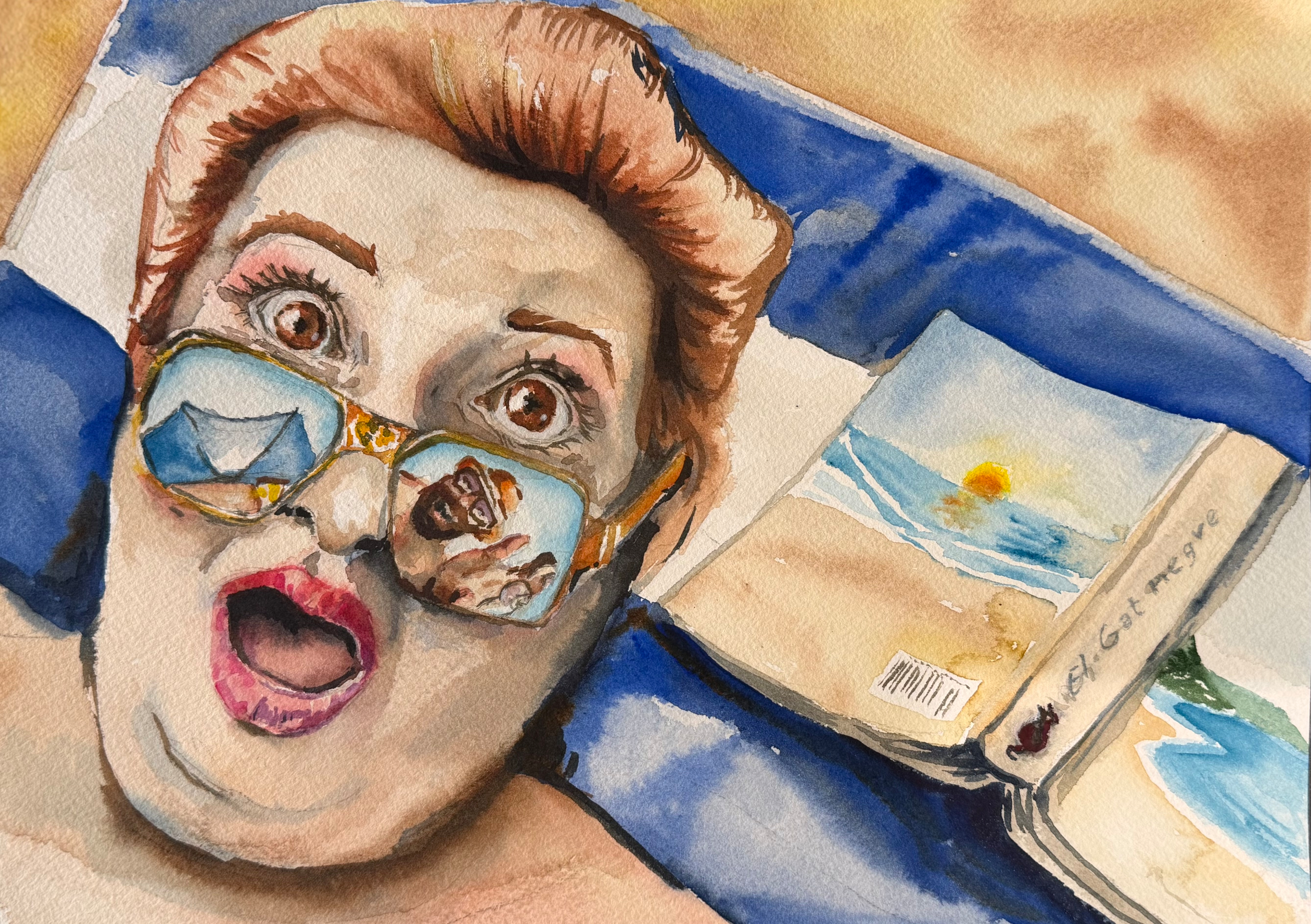 Ilustración en acuarela para cuento literario, retrato expresivo con gafas de sol de espejo que reflejan a un hombre pidiendo el libro que la figura tiene al lado