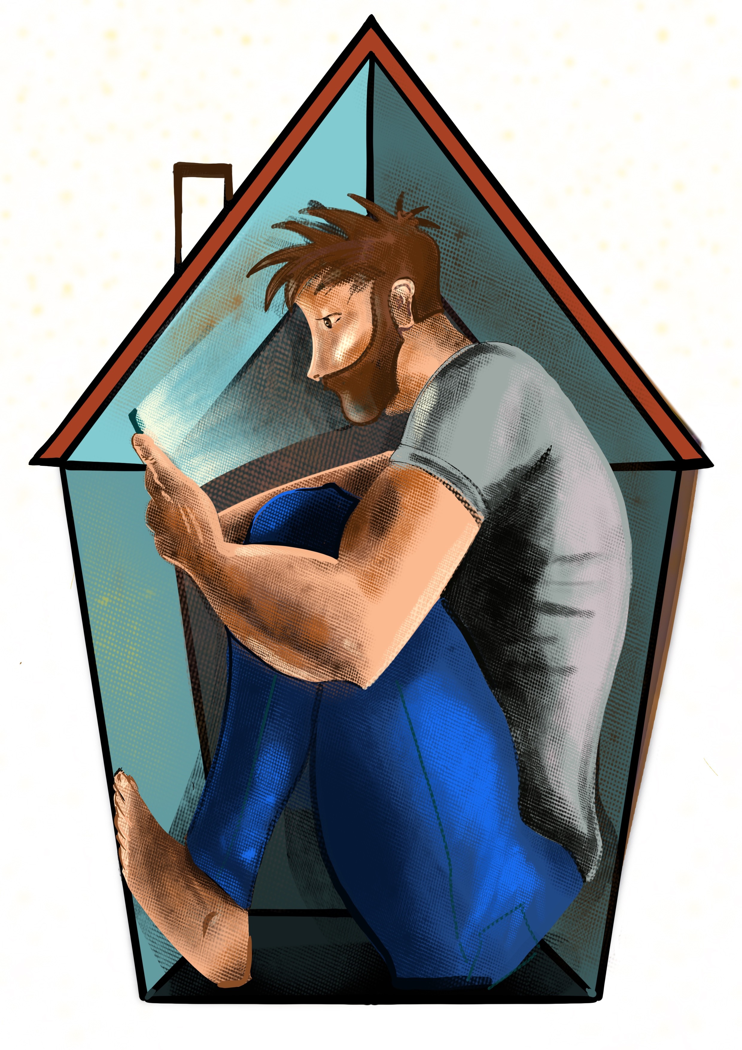 Ilustración digital en Procreate, figura masculina encerrada dentro de una casa en forma de casita, ilustración autobiográfica sobre el confinamiento durante el COVID-19