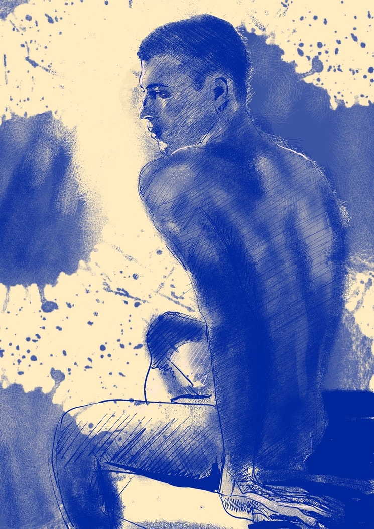 Imagen 1 — banner azul (Matthieu): Ilustración digital en Procreate de Matthieu Guerrero Romeral, torso masculino de espaldas en tonos azules y amarillos, arte figurativo digital