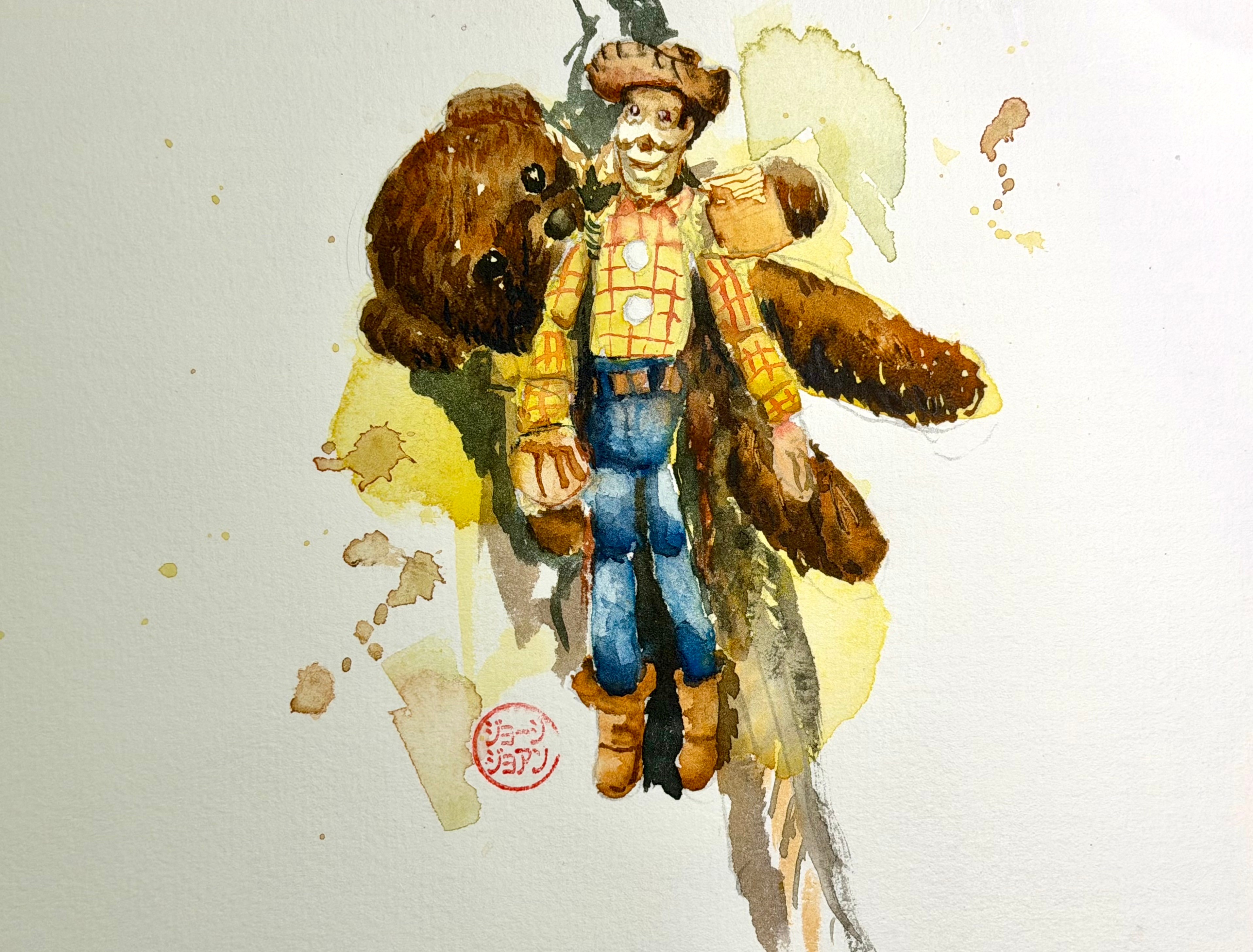 Ilustración en acuarela de Woody de Toy Story junto a un oso de peluche. encontrado en Seúl