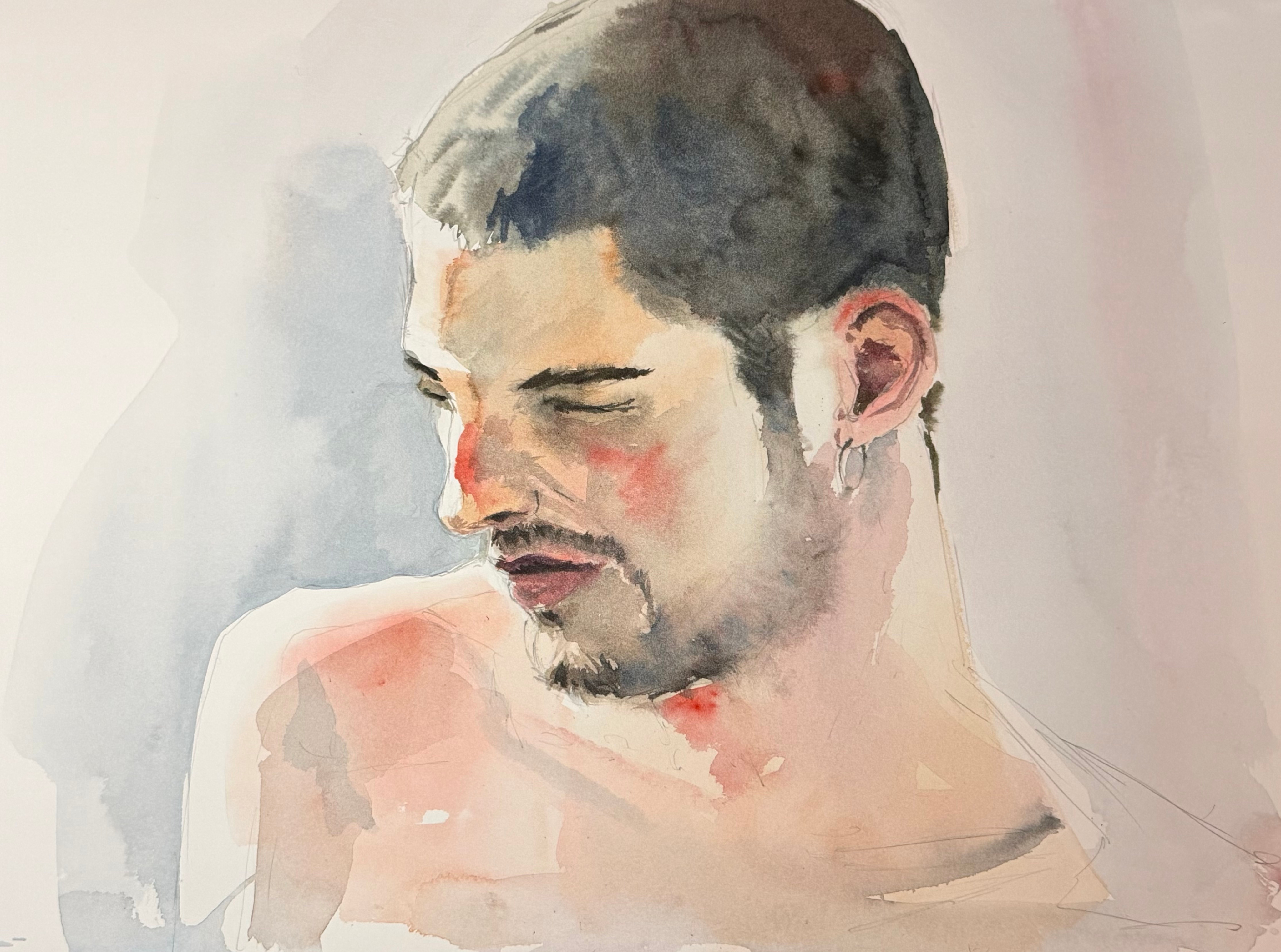 Retrato en acuarela de Matthieu Guerrero Romeral, primer plano de perfil con ojos cerrados y manchas rojas en el rostro, estudio de figura del natural
