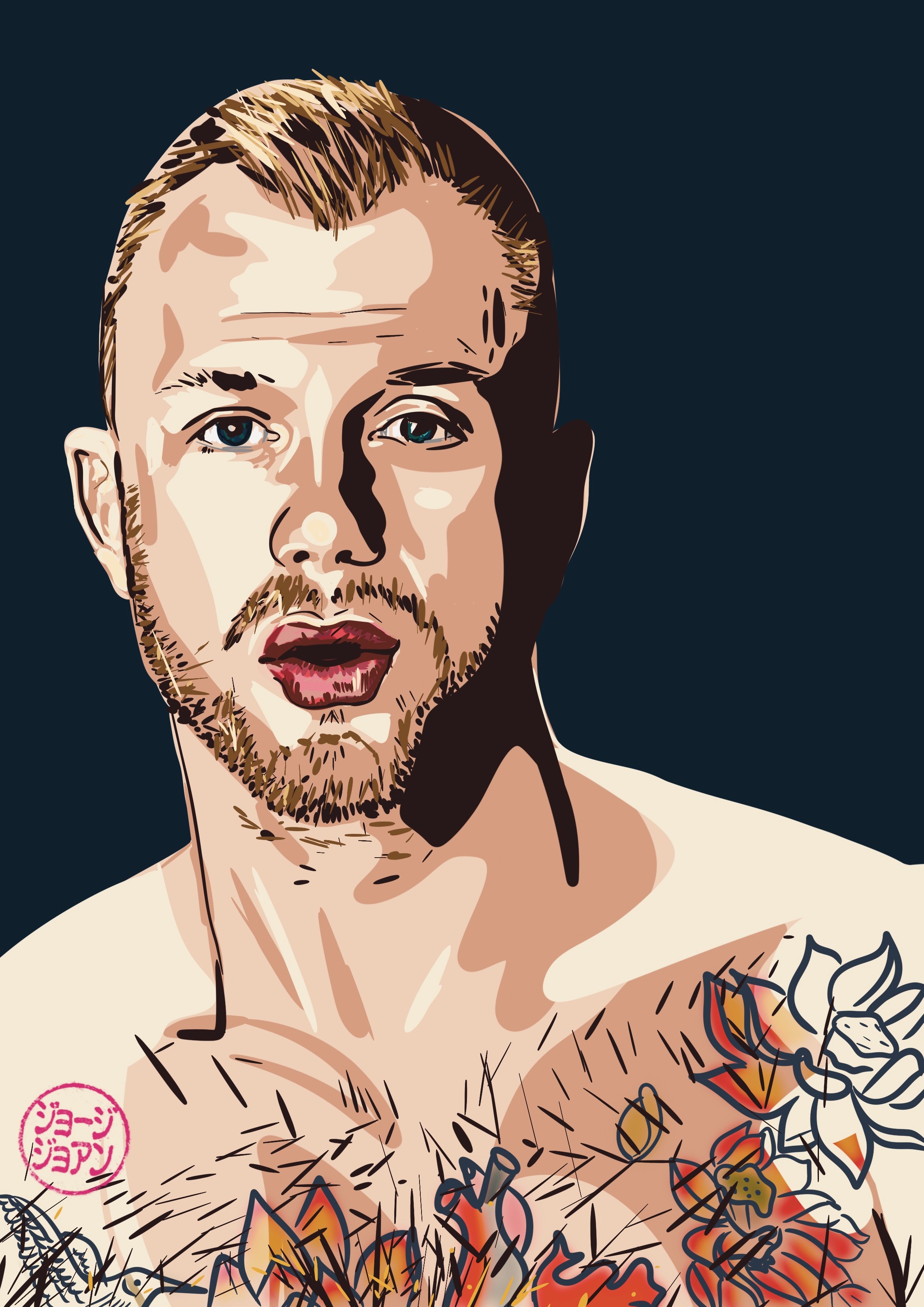 Retrato digital en Procreate, figura masculina con tatuajes florales en el pecho, ilustración figurativa