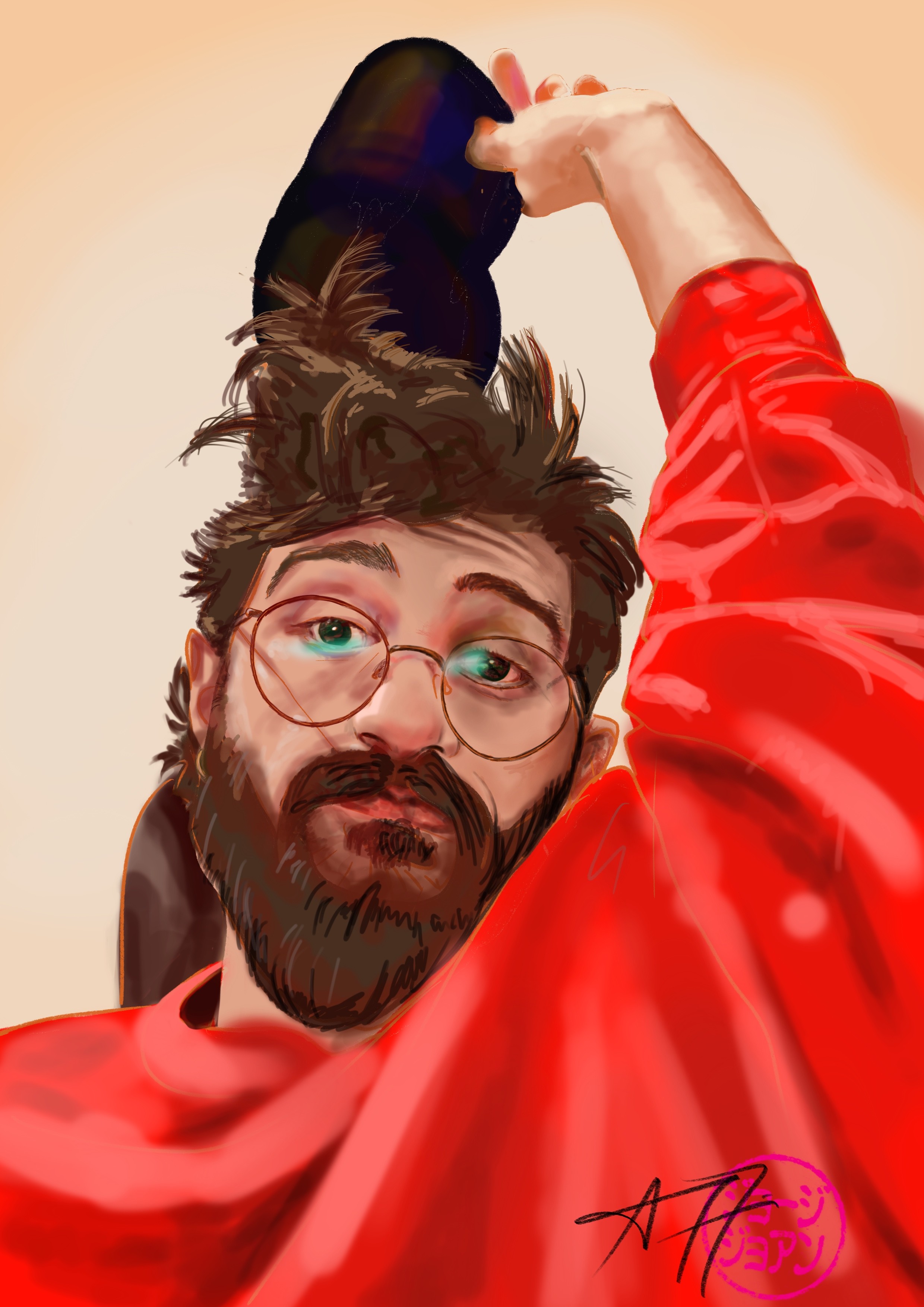 Retrato digital en Procreate, figura masculina con gafas y capa roja, ilustración figurativa