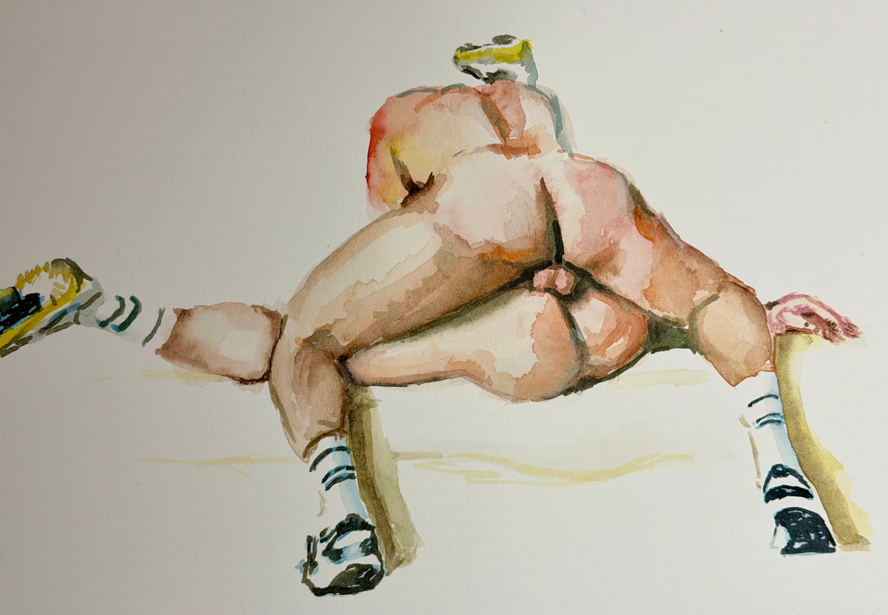 Acuarela de figura masculina de espaldas con arnés de cuero y calcetines deportivos, arte queer explícito en acuarela
